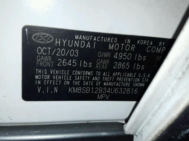 KM8SB12B34U632816 - 2004 HYUNDAI SANTA FE G WHITE photo 10