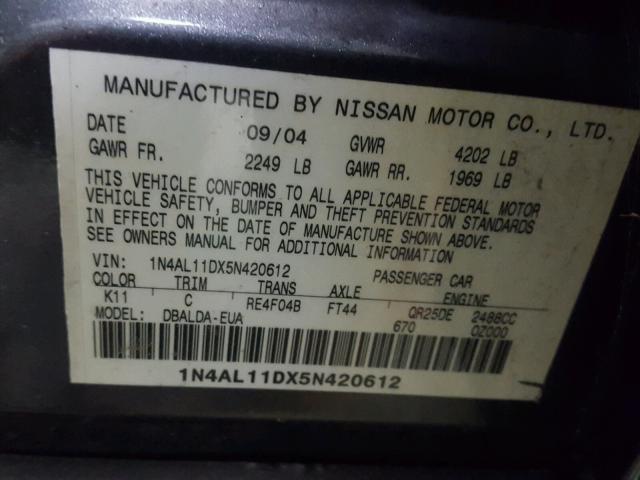 1N4AL11DX5N420612 - 2005 NISSAN ALTIMA S GRAY photo 10