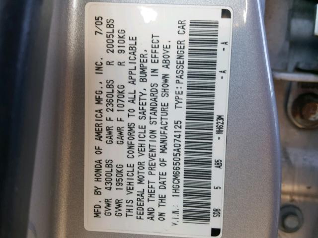 1HGCM66505A074125 - 2005 HONDA ACCORD EX SILVER photo 10