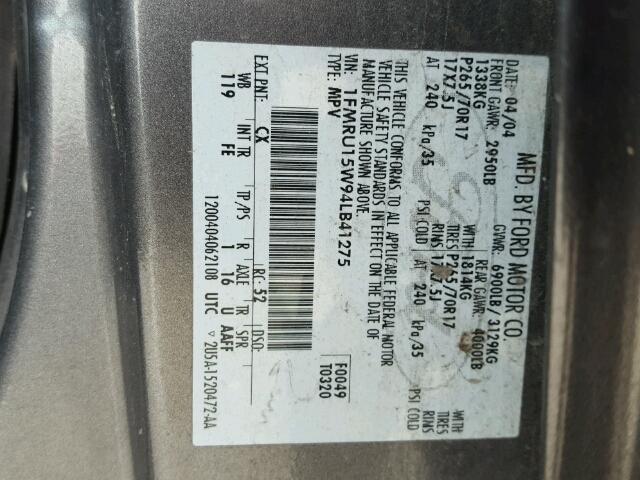 1FMRU15W94LB41275 - 2004 FORD EXPEDITION GRAY photo 10