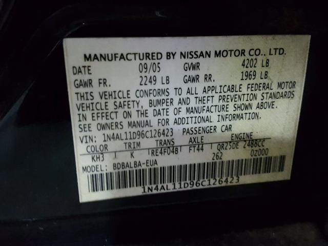 1N4AL11D96C126423 - 2006 NISSAN ALTIMA S BLACK photo 10