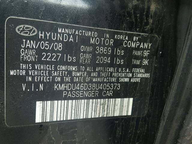 KMHDU46D38U405373 - 2008 HYUNDAI ELANTRA GL BLACK photo 10