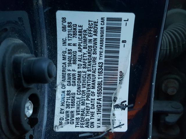 1HGFA16508L116343 - 2008 HONDA CIVIC LX BLUE photo 10