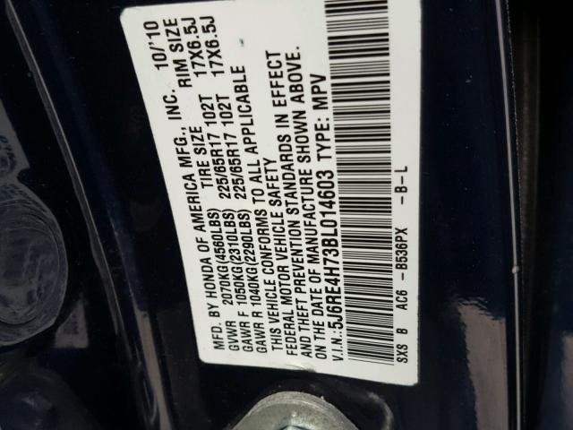 5J6RE4H73BL014603 - 2011 HONDA CR-V EXL BLUE photo 10