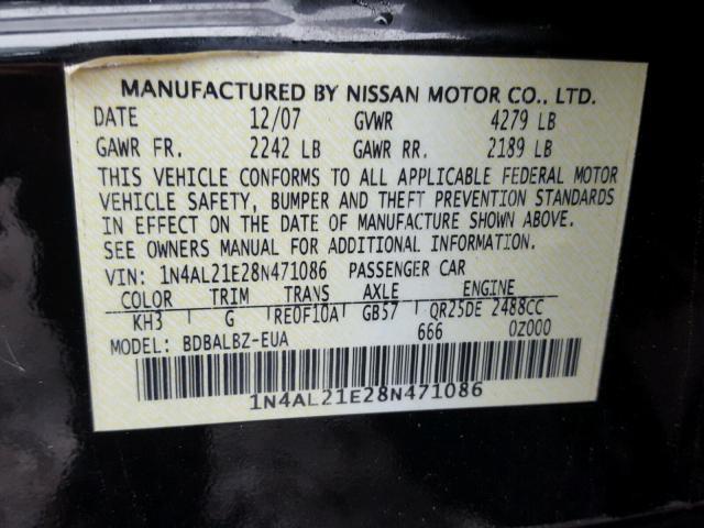 1N4AL21E28N471086 - 2008 NISSAN ALTIMA 2.5 BLACK photo 10