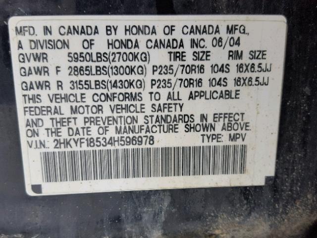 2HKYF18534H596978 - 2004 HONDA PILOT EXL BLACK photo 10