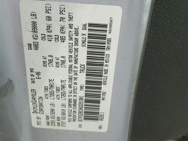 3D7KS28C06G291901 - 2006 DODGE RAM 2500 S SILVER photo 10