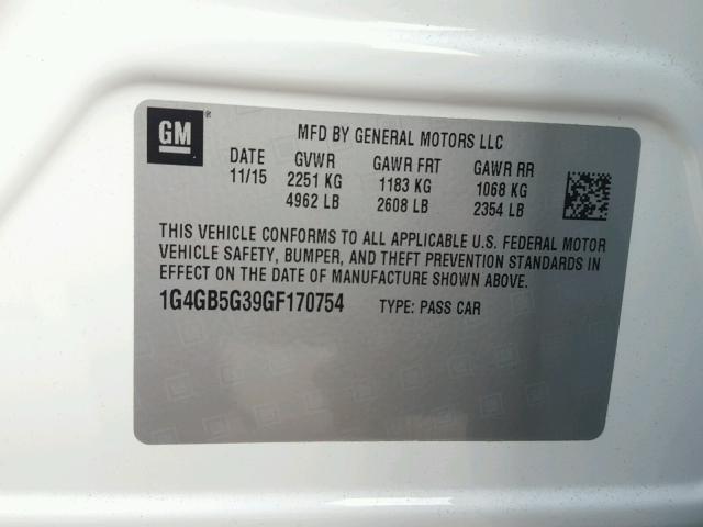 1G4GB5G39GF170754 - 2016 BUICK LACROSSE WHITE photo 10