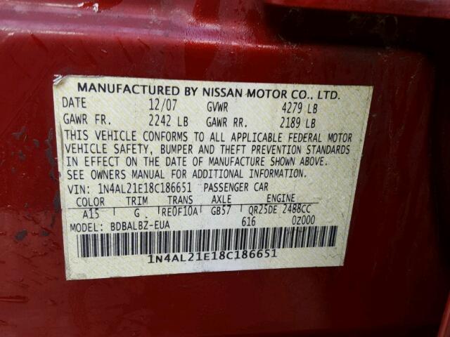 1N4AL21E18C186651 - 2008 NISSAN ALTIMA 2.5 RED photo 10