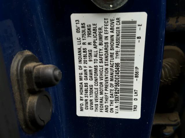 19XFB2F56DE245496 - 2013 HONDA CIVIC LX BLUE photo 10