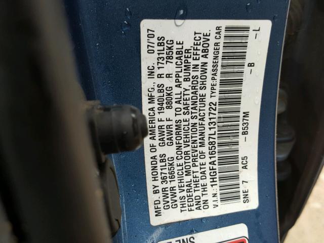 1HGFA16587L131722 - 2007 HONDA CIVIC LX BLUE photo 10