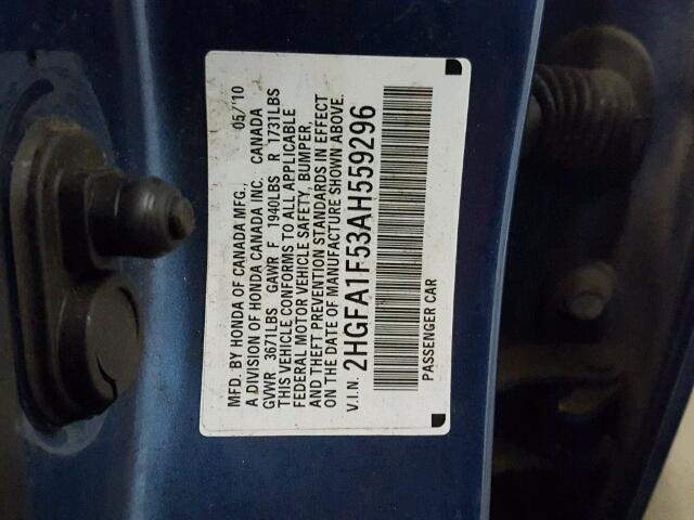 2HGFA1F53AH559296 - 2010 HONDA CIVIC LX BLUE photo 10