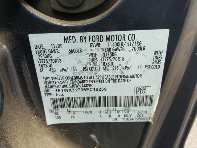 1FTWX31P36EC16259 - 2006 FORD F350 SRW S BLUE photo 10