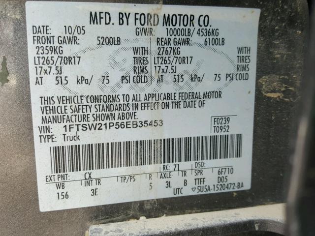 1FTSW21P56EB35453 - 2006 FORD F250 SUPER GRAY photo 10