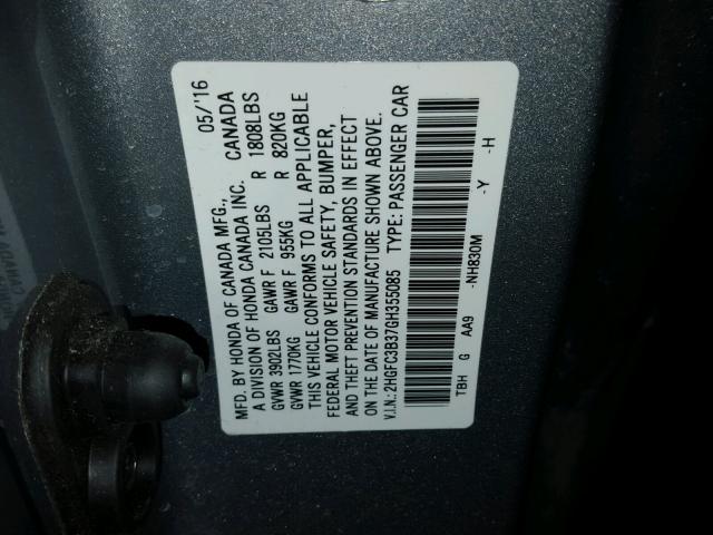 2HGFC3B37GH355085 - 2016 HONDA CIVIC EX Gümüş foto 10