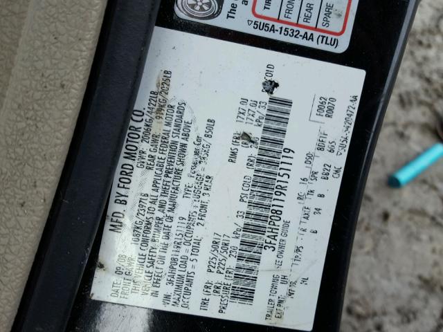 3FAHP08119R151119 - 2009 FORD FUSION SEL BLACK photo 10