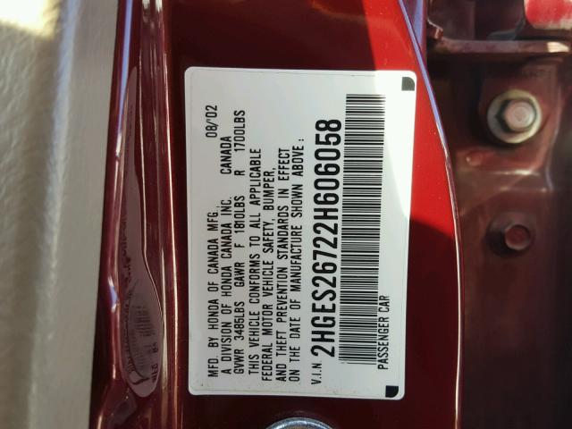 2HGES26722H606058 - 2002 HONDA CIVIC EX მუქწითელი ფოტო 10