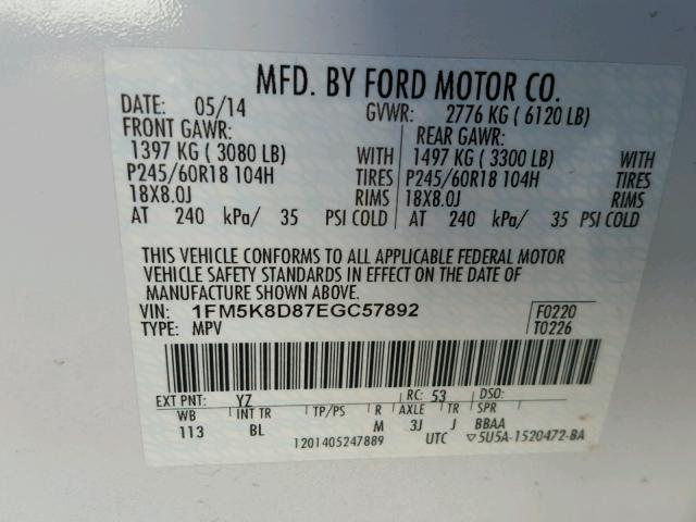 1FM5K8D87EGC57892 - 2014 FORD EXPLORER X WHITE photo 10
