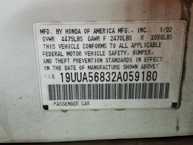 19UUA56832A059180 - 2002 ACURA 3.2TL TYPE WHITE photo 10