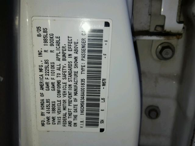 1HGCM56346A001835 - 2006 HONDA ACCORD SE WHITE photo 10