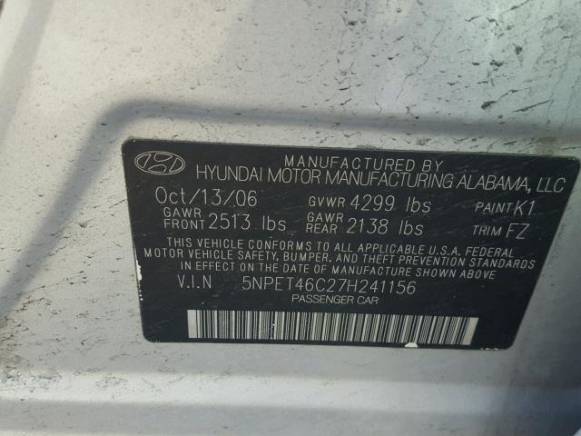 5NPET46C27H241156 - 2007 HYUNDAI SONATA GLS SILVER photo 10