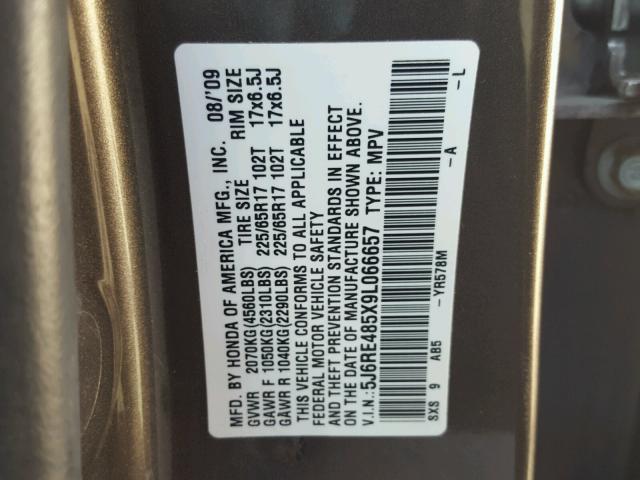 5J6RE485X9L066657 - 2009 HONDA CR-V EX GRAY photo 10