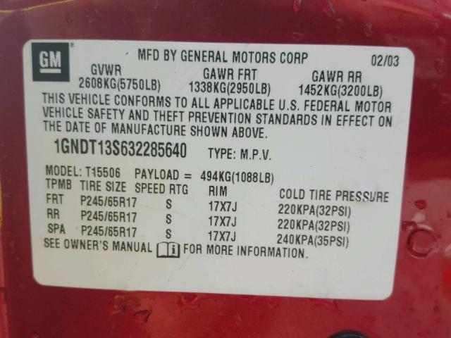 1GNDT13S632285640 - 2003 CHEVROLET TRAILBLAZE RED photo 10