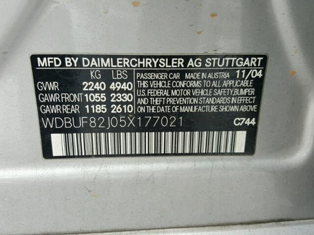 WDBUF82J05X177021 - 2005 MERCEDES-BENZ E 320 4MAT GRAY photo 10