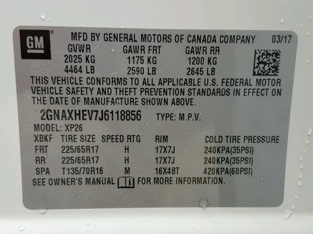 2GNAXHEV7J6118856 - 2018 CHEVROLET EQUINOX LS WHITE photo 10