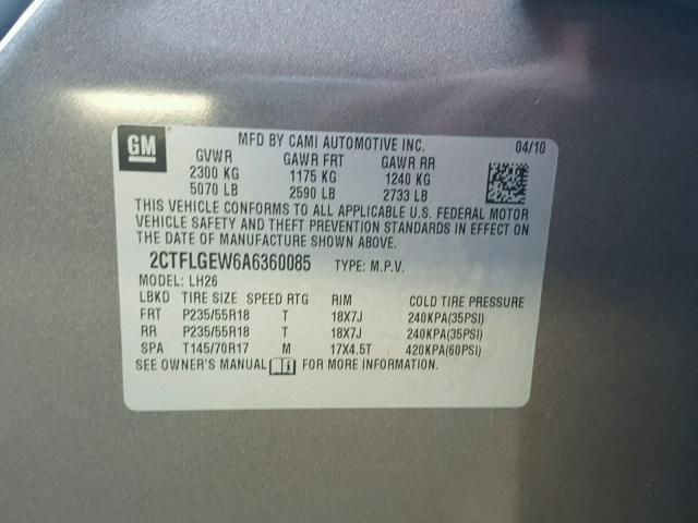 2CTFLGEW6A6360085 - 2010 GMC TERRAIN SL GRAY photo 10