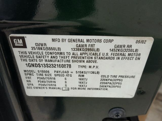 1GNDS13S232160878 - 2003 CHEVROLET TRAILBLAZE GREEN photo 10