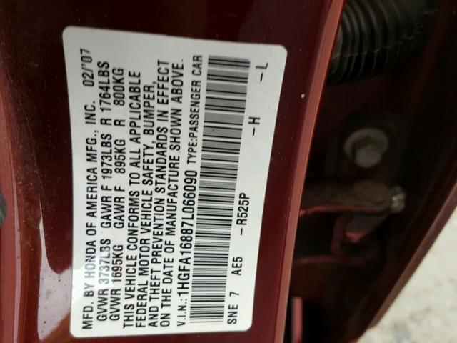 1HGFA16887L066090 - 2007 HONDA CIVIC EX RED photo 10