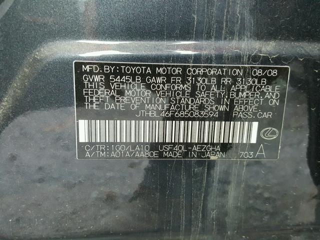 JTHBL46F685083594 - 2008 LEXUS LS 460 GRAY photo 10