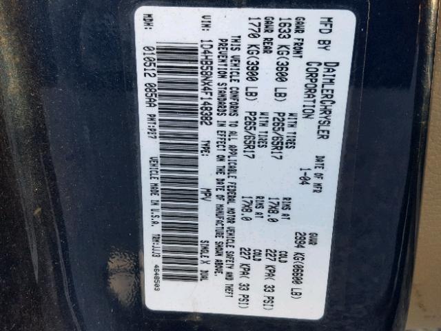 1D4HB58NX4F148382 - 2004 DODGE DURANGO LI BLUE photo 10