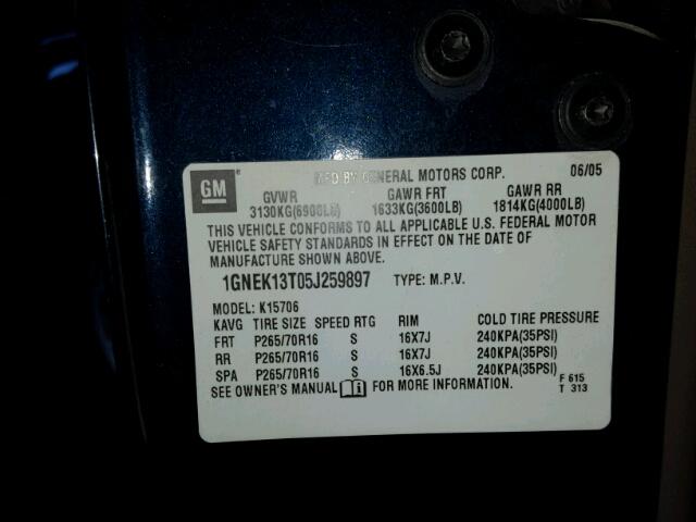 1GNEK13T05J259897 - 2005 CHEVROLET TAHOE K150 BLUE photo 10