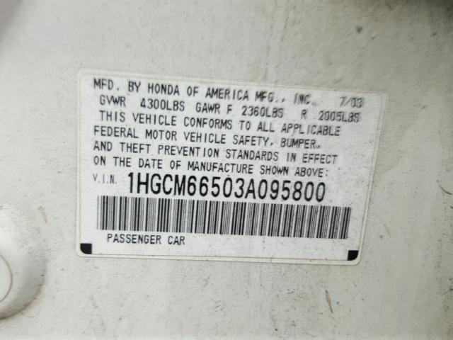 1HGCM66503A095800 - 2003 HONDA ACCORD EX WHITE photo 10