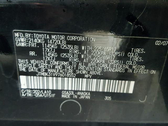 JTMBK31V976018552 - 2007 TOYOTA RAV4 LIMIT BLACK photo 10