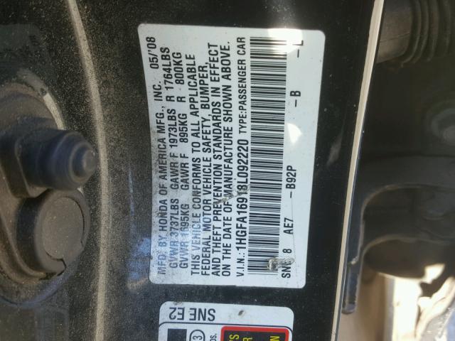 1HGFA16918L092220 - 2008 HONDA CIVIC EXL 黑色 照片 10