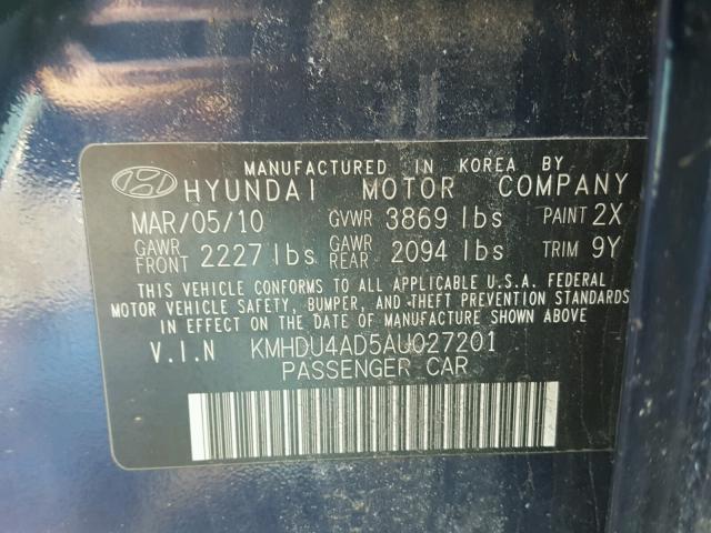 KMHDU4AD5AU027201 - 2010 HYUNDAI ELANTRA BL BLUE photo 10