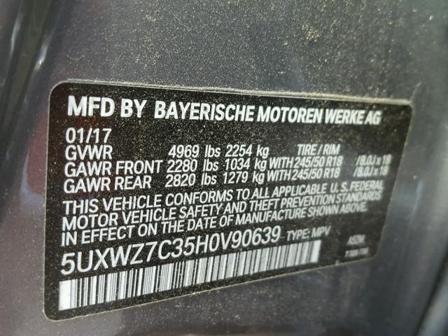 5UXWZ7C35H0V90639 - 2017 BMW X3 SDRIVE2 Сұр фото 10