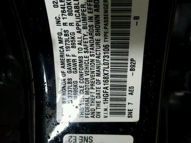 1HGFA168X7L073106 - 2007 HONDA CIVIC EX BLACK photo 10