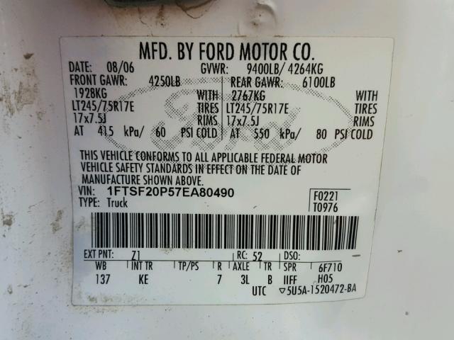 1FTSF20P57EA80490 - 2007 FORD F250 SUPER WHITE photo 10