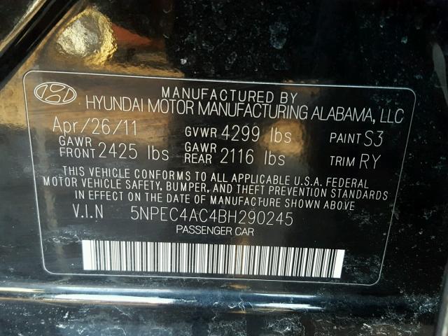 5NPEC4AC4BH290245 - 2011 HYUNDAI SONATA SE BLACK photo 10