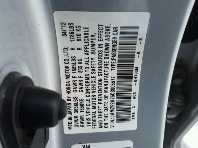 JHMZE2H75CS005577 - 2012 HONDA INSIGHT EX SILVER photo 10