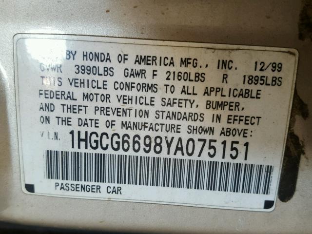 1HGCG6698YA075151 - 2000 HONDA ACCORD SE GOLD photo 10