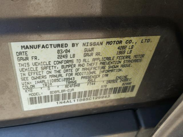 1N4AL11D85C129943 - 2005 NISSAN ALTIMA S GOLD photo 10