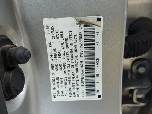 19UUA86539A018226 - 2009 ACURA TL SILVER photo 10