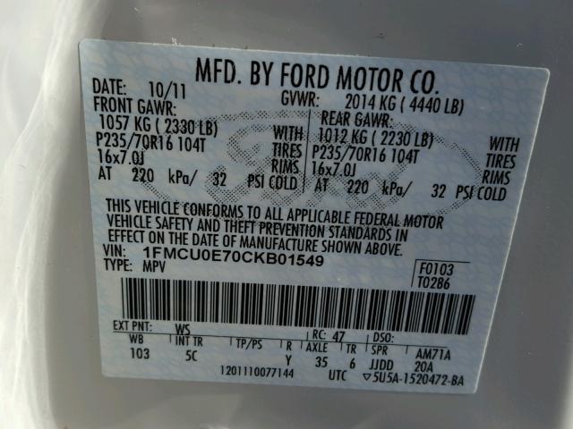 1FMCU0E70CKB01549 - 2012 FORD ESCAPE LIM WHITE photo 10