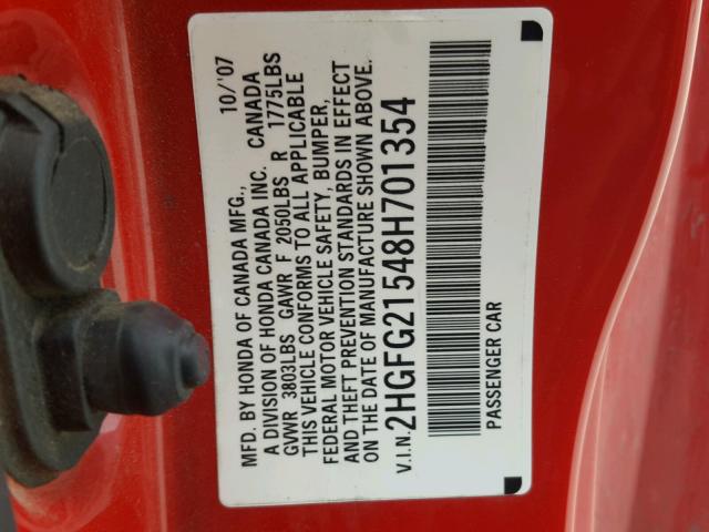 2HGFG21548H701354 - 2008 HONDA CIVIC SI RED photo 10