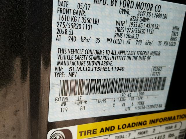 5LMJJ2JT5HEL11940 - 2017 LINCOLN NAVIGATOR ნაცრისფერი ფოტო 10